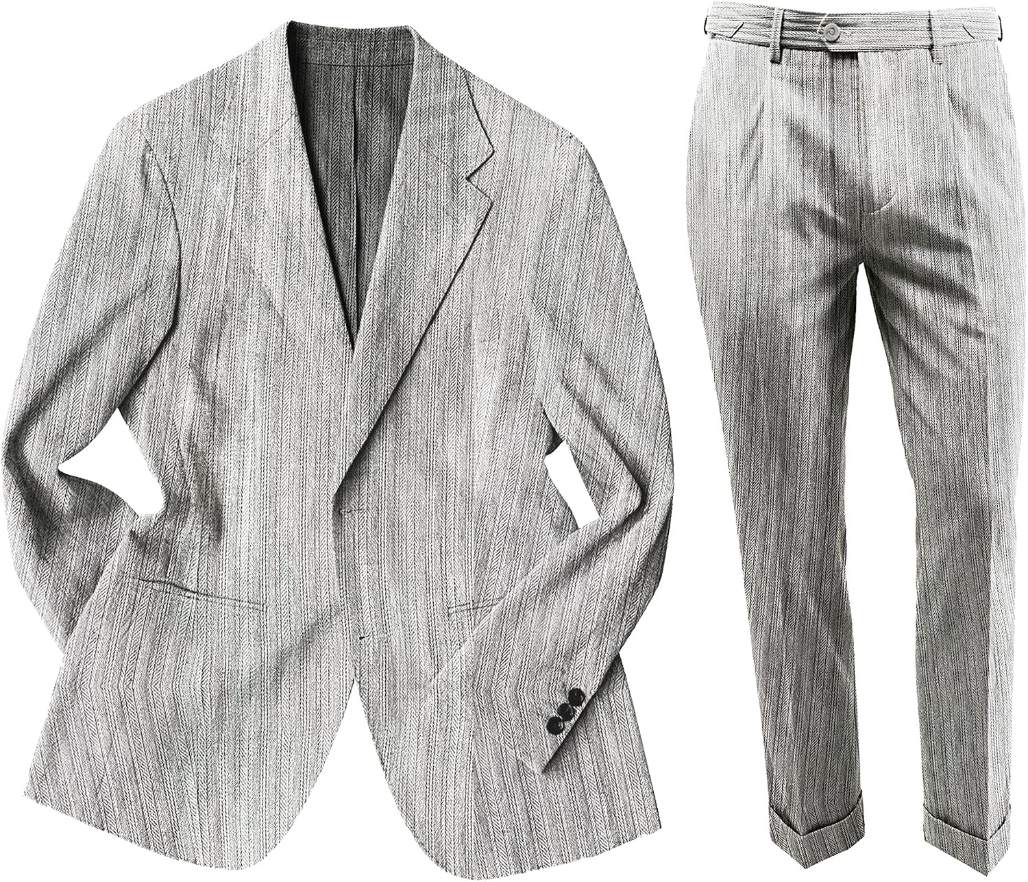 Herringbone Linen Suit for 2-Piece Casual Woven Blazer and Trousers Breathable Summer Suit Set