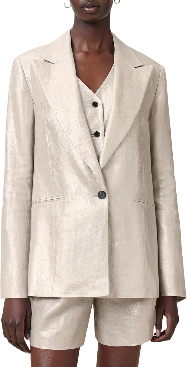 Women's 3-Piece Metallic Linen Suit Set Champagne Gold Notched Lapel Blazer Vest Shorts Matching Formal Co-Ord Women's 3-Piece Metallic Linen Suit Set Champagne Gold Notched Lapel Blazer Vest Shorts Matching Formal Co-Ord