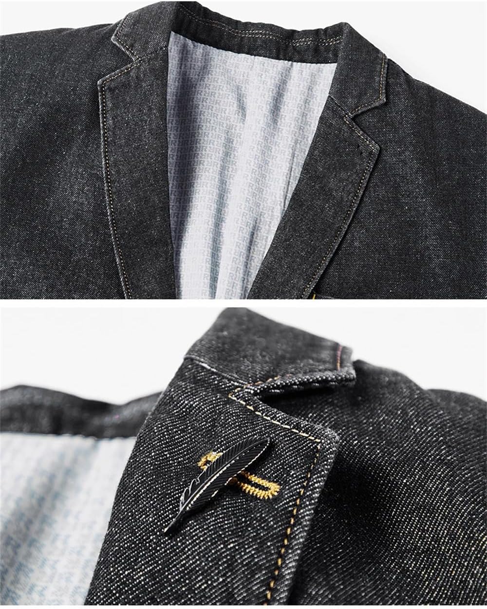 Men's Dark Wash Denim Blazer Notch Lapel 2-Button Asymmetric Patch Flap Pockets Lapel Pin Brown Horn Buttons Topstitched Long Sleeve Casual Office Jacket Men's Dark Wash Denim Blazer Notch Lapel 2-Button Asymmetric Patch Flap Pockets Lapel Pin Brown Horn Buttons Topstitched Long Sleeve Casual Office Jacket