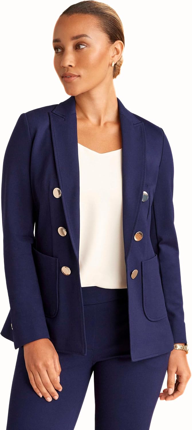 Women's Compression Faux Double-Breasted Blazer V-Neck Open Front Flap Pocket Slim Fit Stretch Knit Office Cardigan Jacket