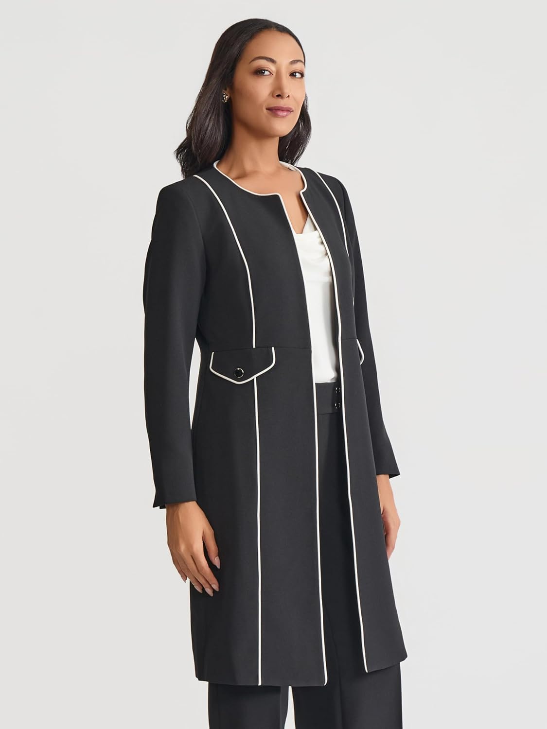 Women's 2-Piece Contrast Piping Blazer Set Banded Collar White Trim Open Front Flap Pocket Black Matching Trousers Co-Ord Women's 2-Piece Contrast Piping Blazer Set Banded Collar White Trim Open Front Flap Pocket Black Matching Trousers Co-Ord