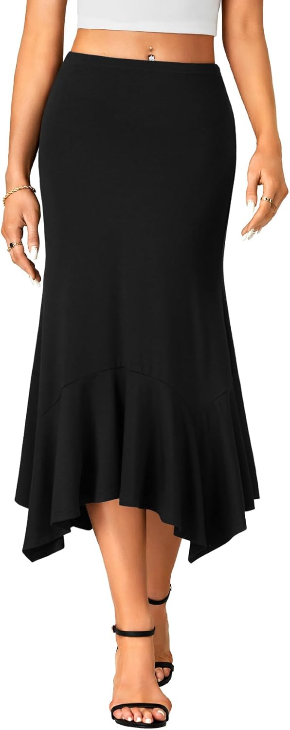Women's High Waisted Midi Skirt Asymmetrical Handkerchief Hemline Flowy Casual Ruffle