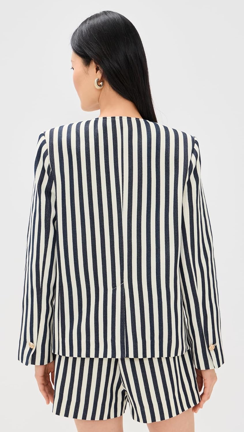 Women's 2-Piece Tweed Set Black White Striped Collarless Blazer Gold Button Shorts Matching Formal Co-Ord