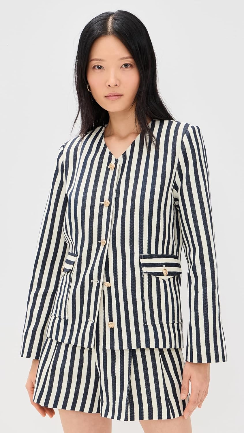 Women's 2-Piece Tweed Set Black White Striped Collarless Blazer Gold Button Shorts Matching Formal Co-Ord