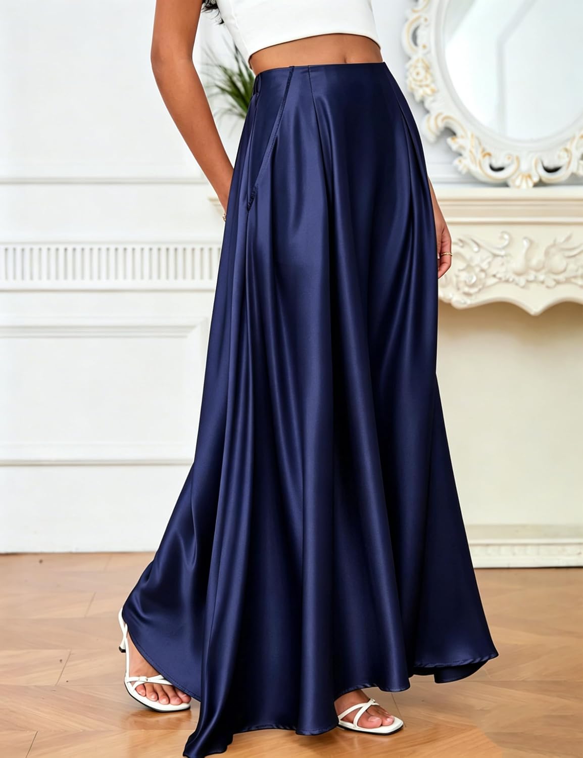 Maxi Satin Skirts for High Waisted Flowy Long A line Skirt Trendy for Office Holiday Party