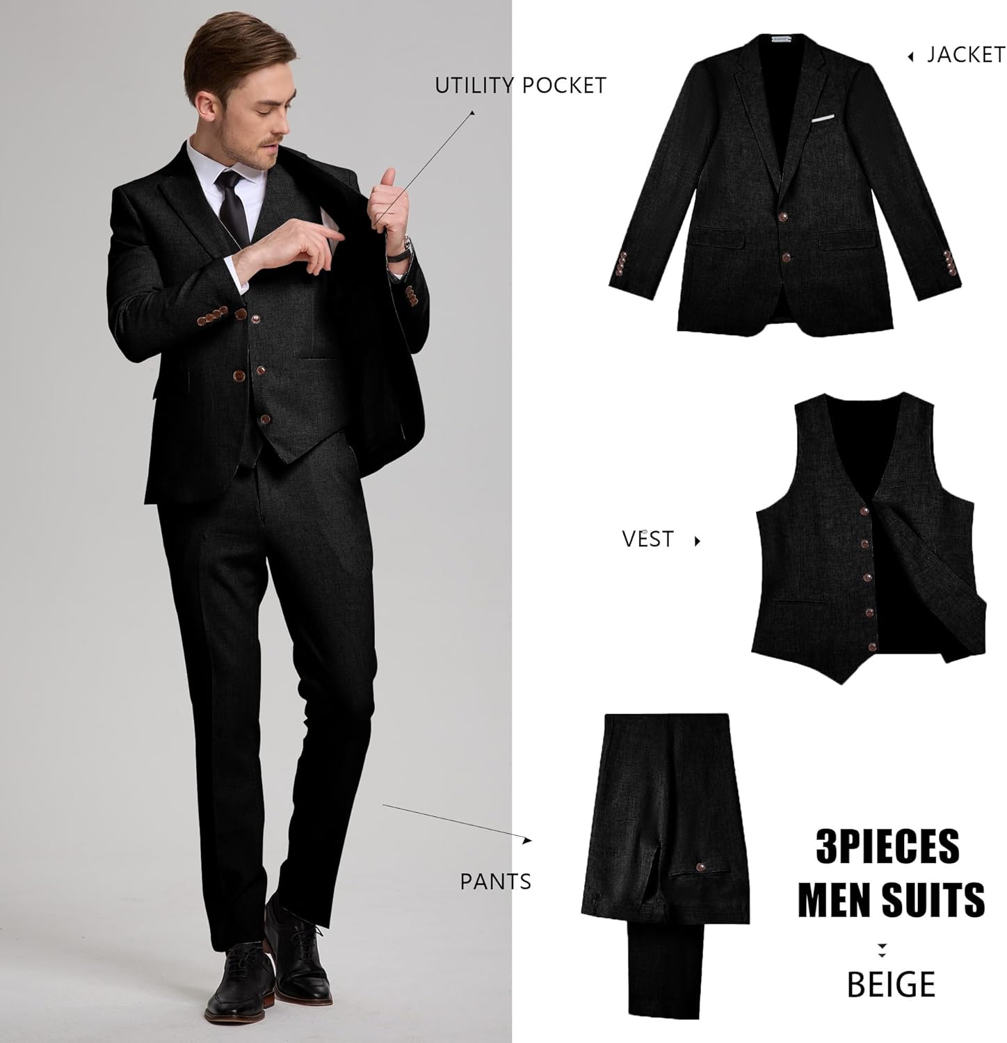 Linen Suits 3 Piece Slim Fit Tuxedo Suit for Beach Wedding Formal Business Suit Groom Prom Set Outfits