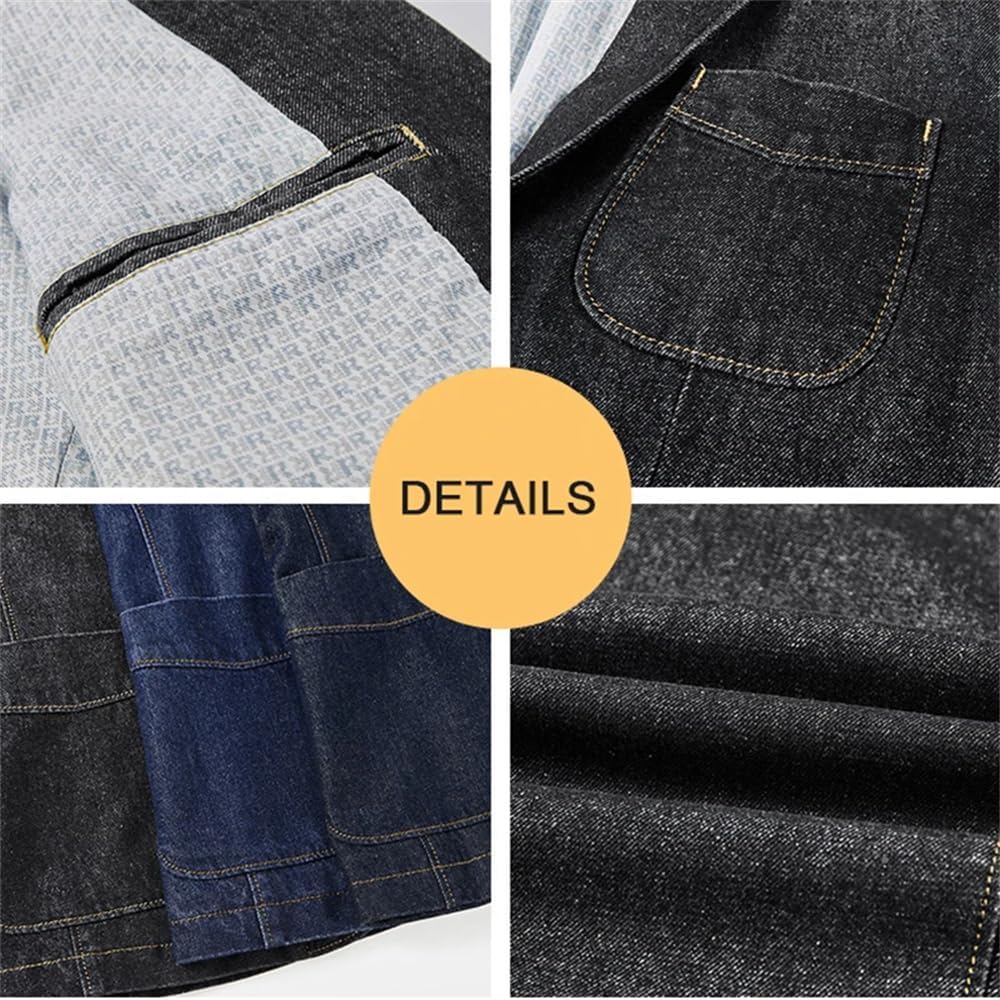 Men's Dark Wash Denim Blazer Notch Lapel 2-Button Asymmetric Patch Flap Pockets Lapel Pin Brown Horn Buttons Topstitched Long Sleeve Casual Office Jacket Men's Dark Wash Denim Blazer Notch Lapel 2-Button Asymmetric Patch Flap Pockets Lapel Pin Brown Horn Buttons Topstitched Long Sleeve Casual Office Jacket