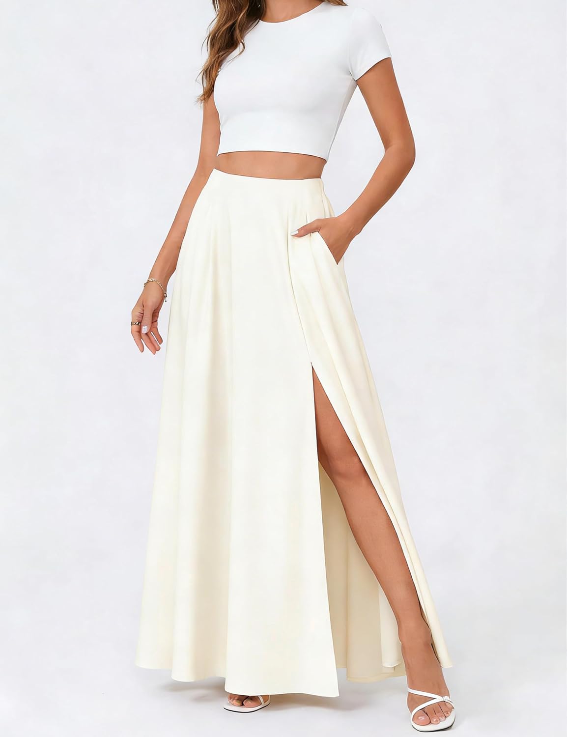 Maxi Satin Skirts for High-Waisted Side Slit with Pockets A-Line Long Skirts for Casual Daily Party