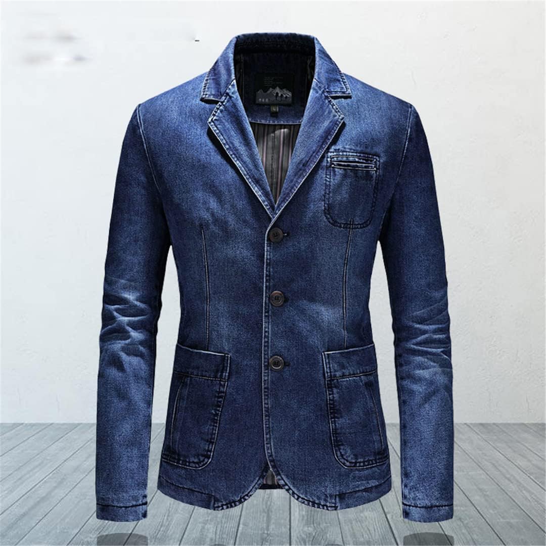 Men's Medium Wash Denim Blazer Notch Lapel 3-Button Single-Breasted Patch Pockets Topstitched Antique Brass Buttons Slim Fit Vintage Casual Jacket Men's Medium Wash Denim Blazer Notch Lapel 3-Button Single-Breasted Patch Pockets Topstitched Antique Brass Buttons Slim Fit Vintage Casual Jacket