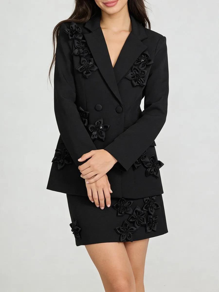Blazer Skirt Set Patchwork Long Sleeve Lapel Jacket with High Waist Skirt Commuting Party Dinner