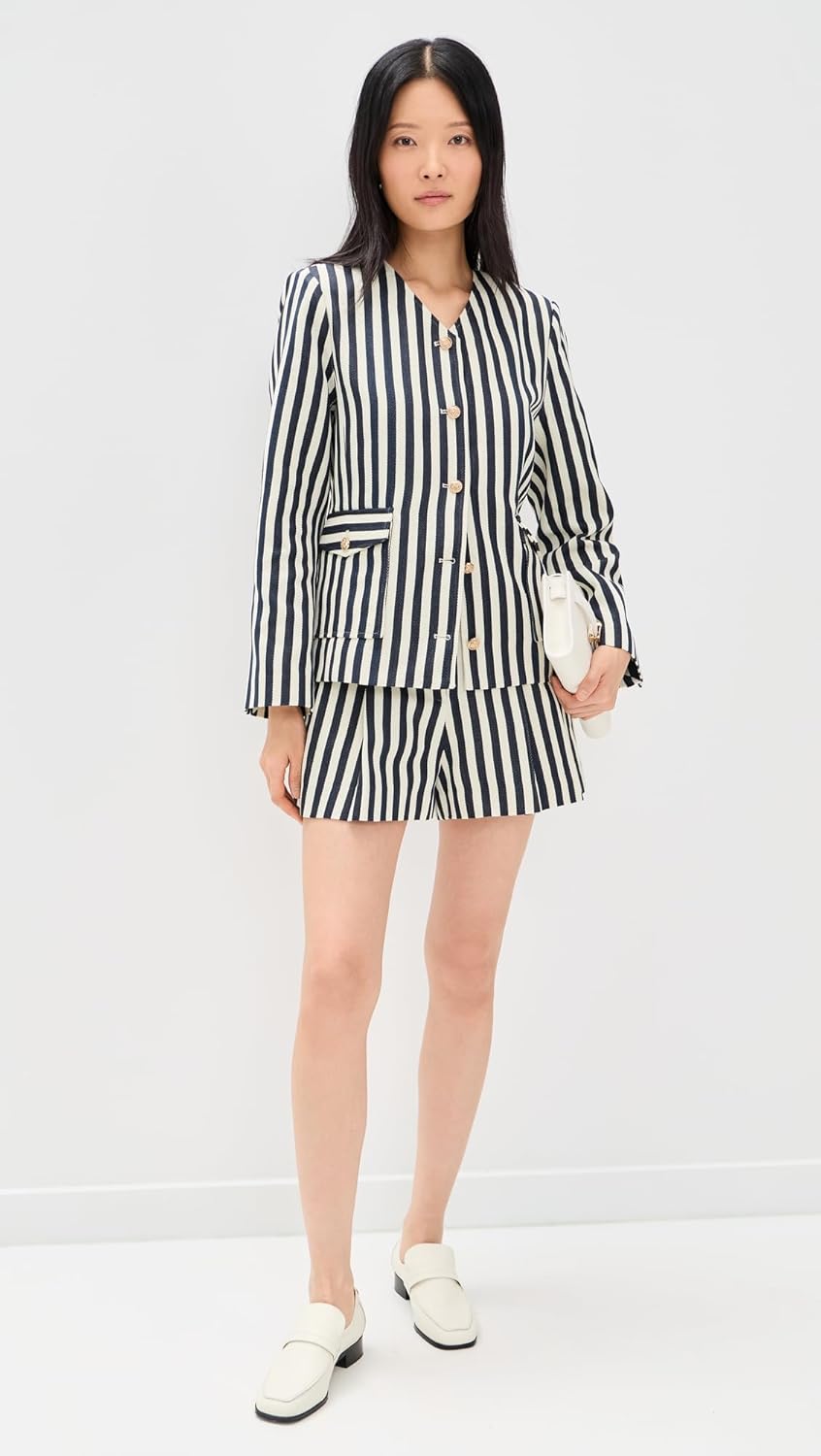 Women's 2-Piece Tweed Set Black White Striped Collarless Blazer Gold Button Shorts Matching Formal Co-Ord