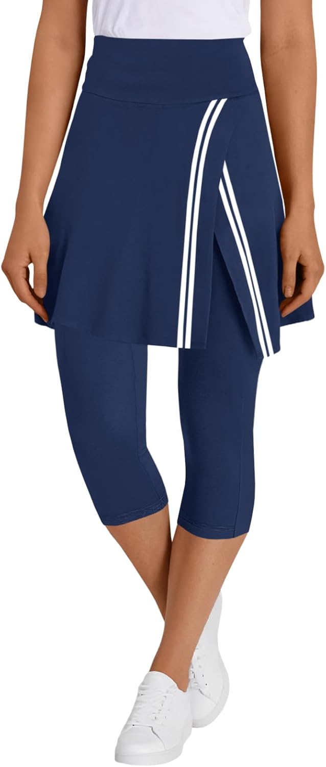 Skirted Leggings Contrast Tennis Athletic Wrap Skirt with Capris Leggings Pockets for Golf Pickleball