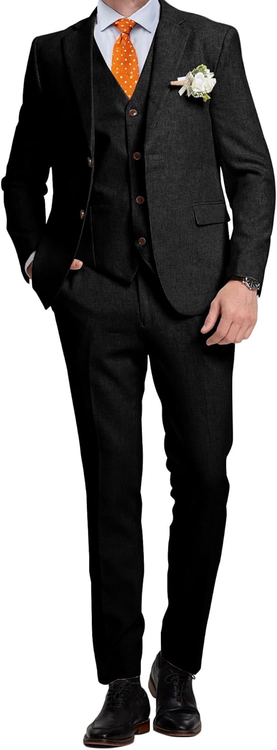 Linen Suits 3 Piece Slim Fit Tuxedo Suit for Beach Wedding Formal Business Suit Groom Prom Set Outfits