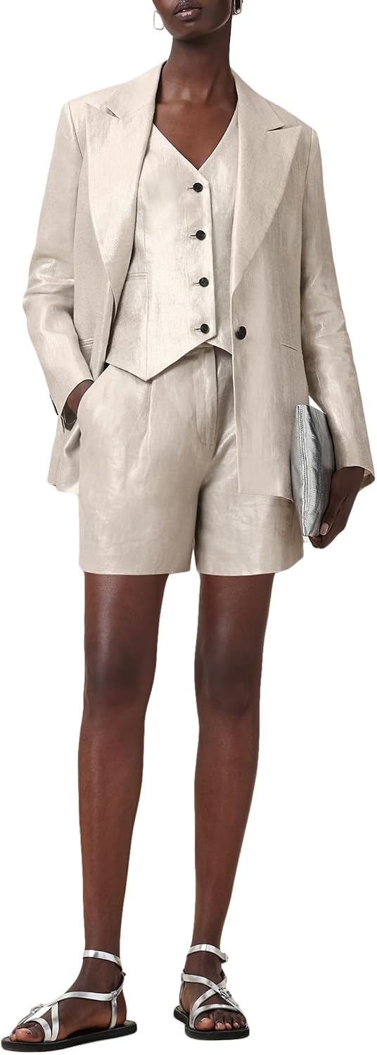Women's 3-Piece Metallic Linen Suit Set Champagne Gold Notched Lapel Blazer Vest Shorts Matching Formal Co-Ord
