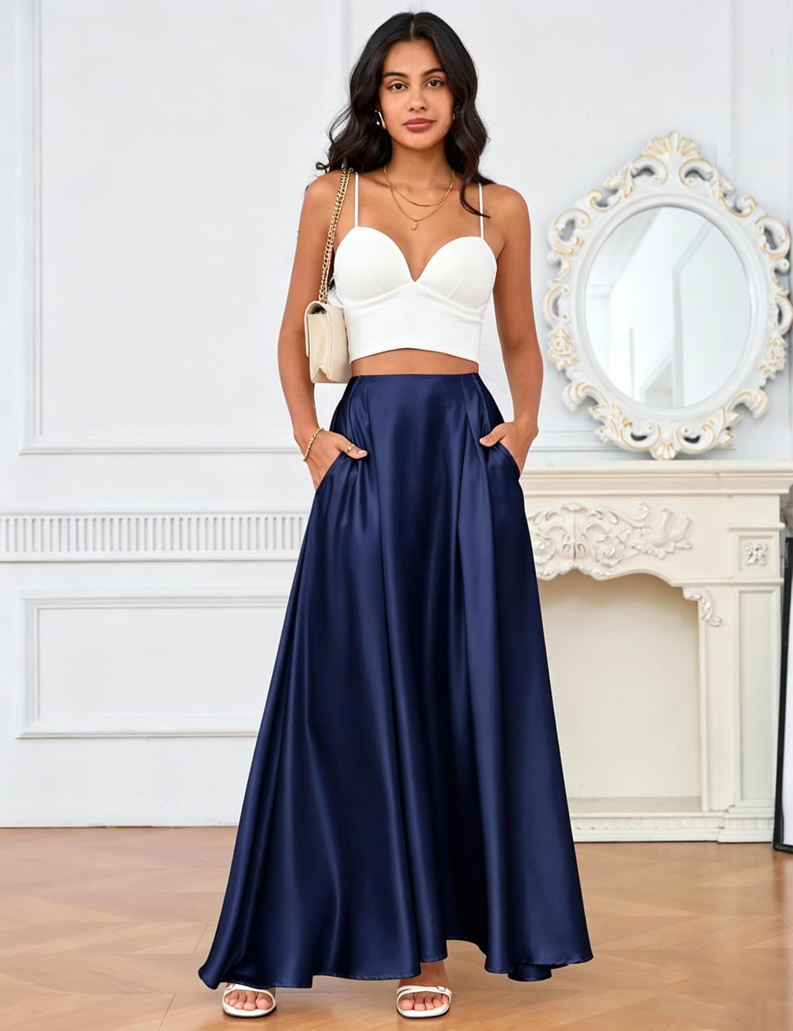 Maxi Satin Skirts for High Waisted Flowy Long A line Skirt Trendy for Office Holiday Party