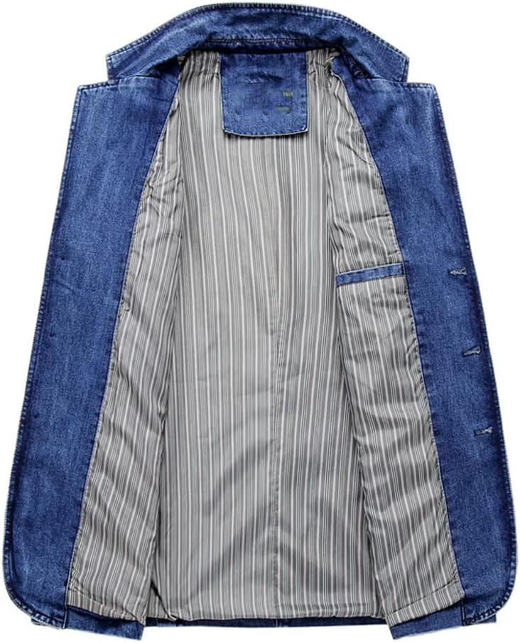 Men's Medium Wash Denim Blazer Notch Lapel 3-Button Single-Breasted Patch Pockets Topstitched Antique Brass Buttons Slim Fit Vintage Casual Jacket Men's Medium Wash Denim Blazer Notch Lapel 3-Button Single-Breasted Patch Pockets Topstitched Antique Brass Buttons Slim Fit Vintage Casual Jacket