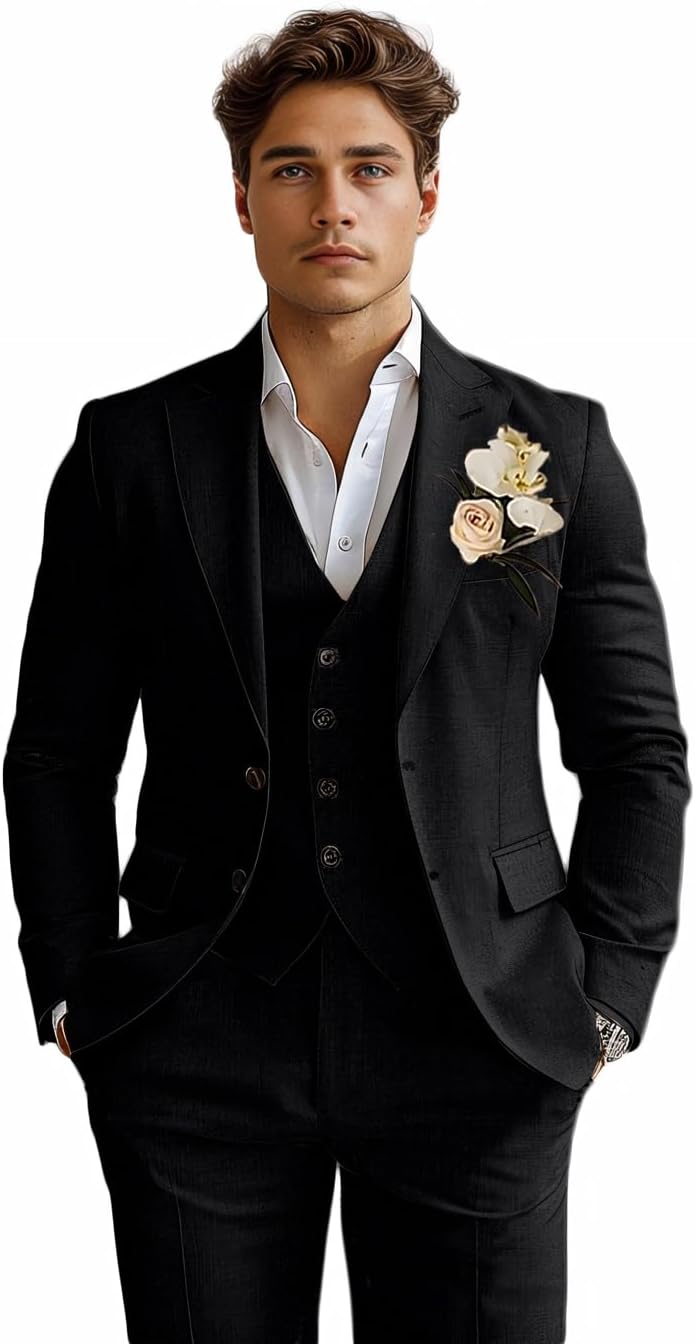 Linen Suits 3 Piece Slim Fit Tuxedo Suit for Beach Wedding Formal Business Suit Groom Prom Set Outfits Linen Suits 3 Piece Slim Fit Tuxedo Suit for Beach Wedding Formal Business Suit Groom Prom Set Outfits