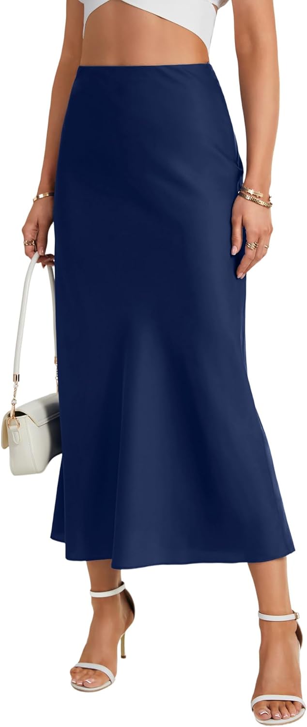 Women's Satin Silky High Elastic Waist A Line Flowy Elegant Long Skirt