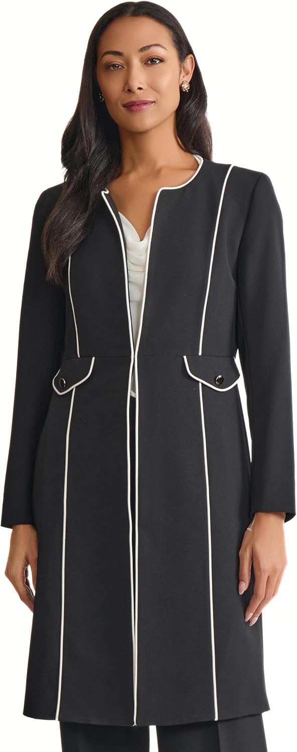Women's 2-Piece Contrast Piping Blazer Set Banded Collar White Trim Open Front Flap Pocket Black Matching Trousers Co-Ord
