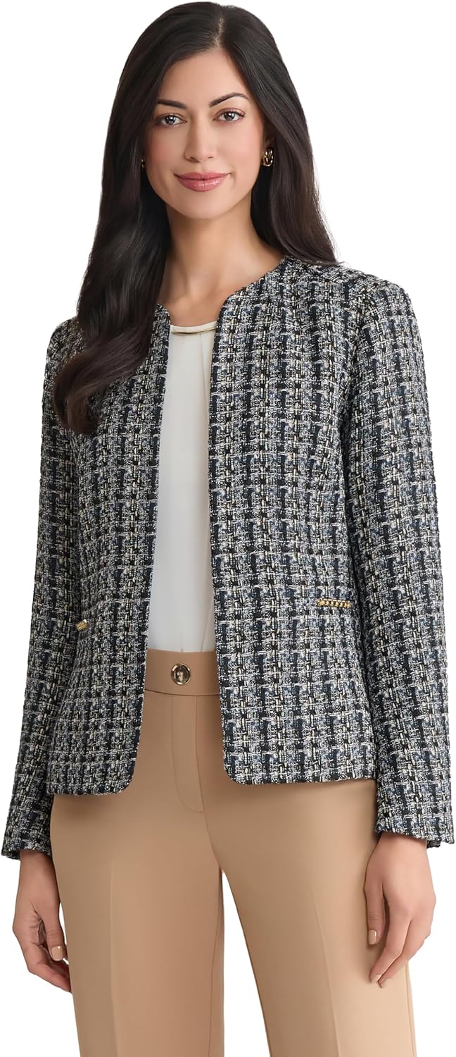 Women's Boucle Tweed Collarless Jacket Gold-Tone Hardware Bar Open Front Slant Pocket Patch Pocket Chanel-Style Long Sleeve Classic Cardigan Jacket