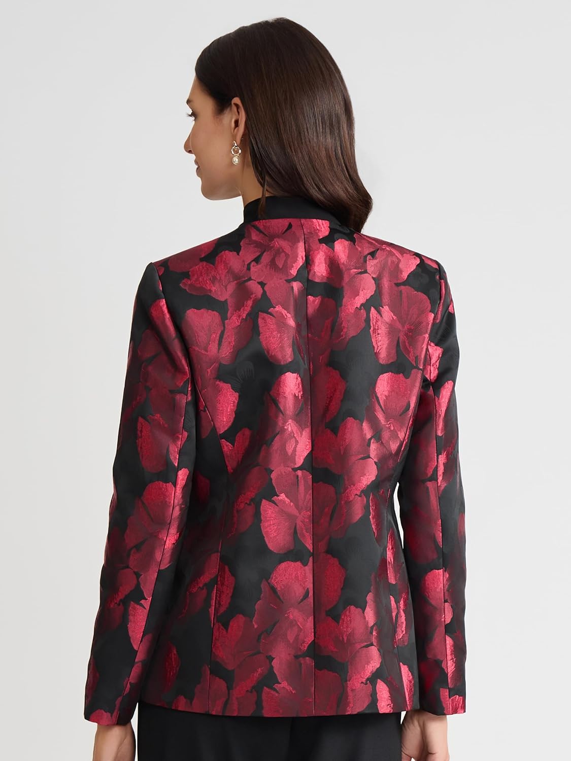 Women's Collarless Jacquard One Button Blazer Crewneck Single Button Welt Pockets Slim Fit Textured Office Jacket