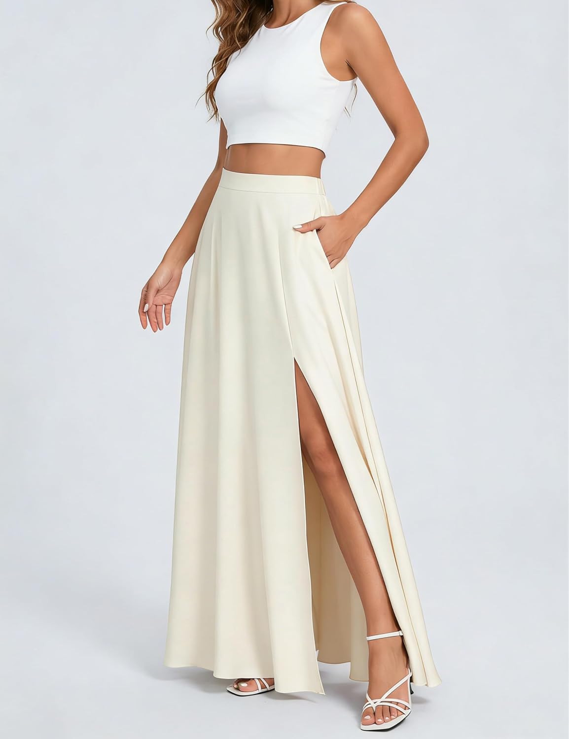 Maxi Satin Skirts for High-Waisted Side Slit with Pockets A-Line Long Skirts for Casual Daily Party