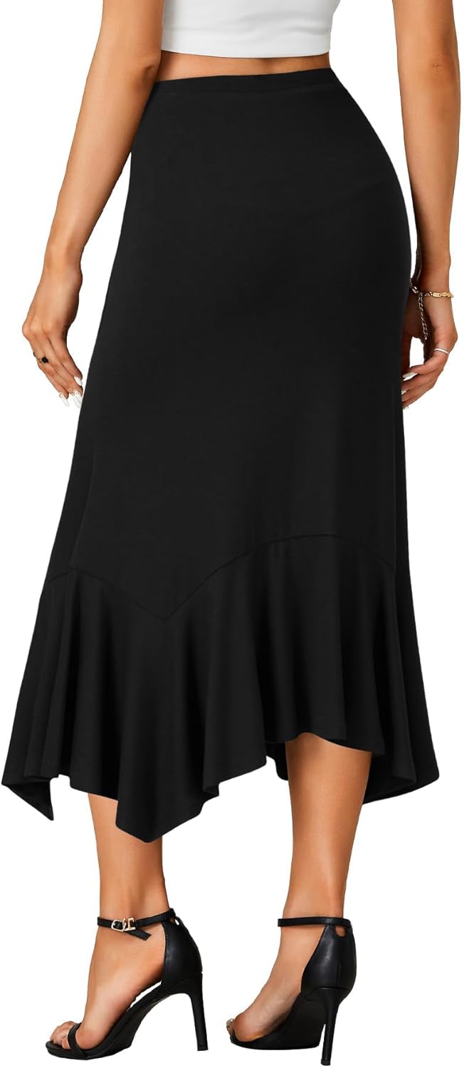 Women's High Waisted Midi Skirt Asymmetrical Handkerchief Hemline Flowy Casual Ruffle Women's High Waisted Midi Skirt Asymmetrical Handkerchief Hemline Flowy Casual Ruffle