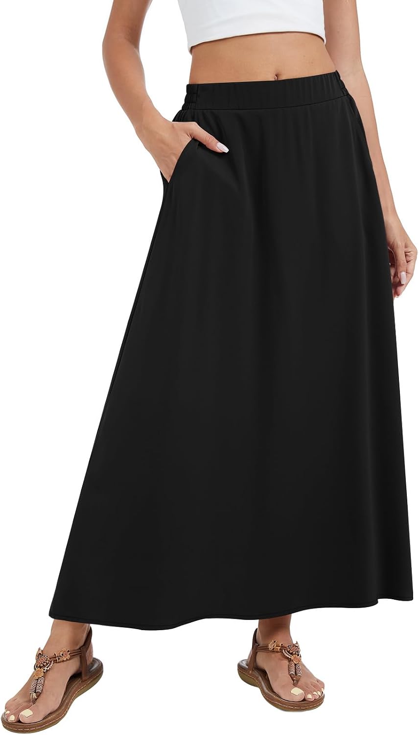 Maxi A-line Long Skirt High Waist Casual Elastic Flowy Skirts with Pockets