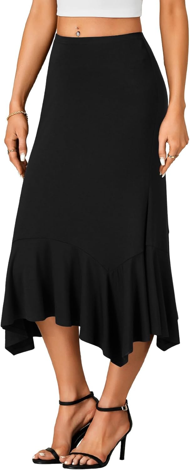 Women's High Waisted Midi Skirt Asymmetrical Handkerchief Hemline Flowy Casual Ruffle Women's High Waisted Midi Skirt Asymmetrical Handkerchief Hemline Flowy Casual Ruffle