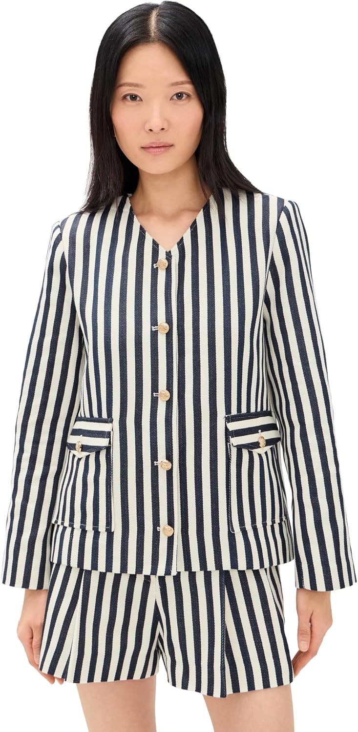 Women's 2-Piece Tweed Set Black White Striped Collarless Blazer Gold Button Shorts Matching Formal Co-Ord