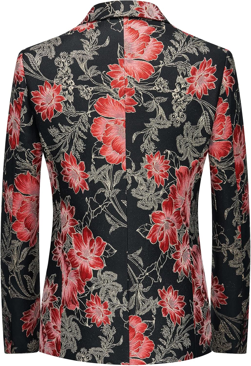 Men's Red Floral Jacquard Peak Lapel Single Button Blazer Tuxedo Jacket Red Piping Flap Pocket Contrast Trim Prom Party Formal Suit Jacket
