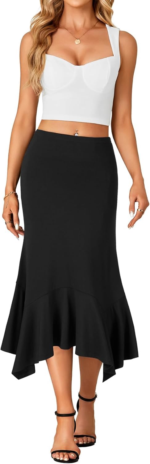 Women's High Waisted Midi Skirt Asymmetrical Handkerchief Hemline Flowy Casual Ruffle Women's High Waisted Midi Skirt Asymmetrical Handkerchief Hemline Flowy Casual Ruffle