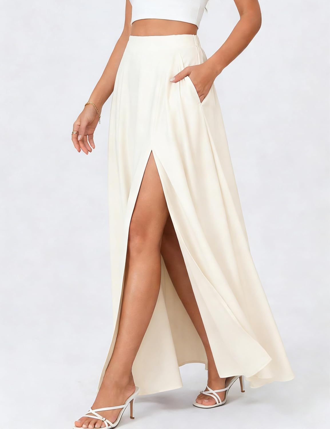 Maxi Satin Skirts for High-Waisted Side Slit with Pockets A-Line Long Skirts for Casual Daily Party