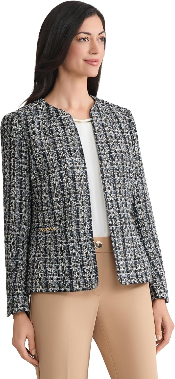 Women's Boucle Tweed Collarless Jacket Gold-Tone Hardware Bar Open Front Slant Pocket Patch Pocket Chanel-Style Long Sleeve Classic Cardigan Jacket Women's Boucle Tweed Collarless Jacket Gold-Tone Hardware Bar Open Front Slant Pocket Patch Pocket Chanel-Style Long Sleeve Classic Cardigan Jacket