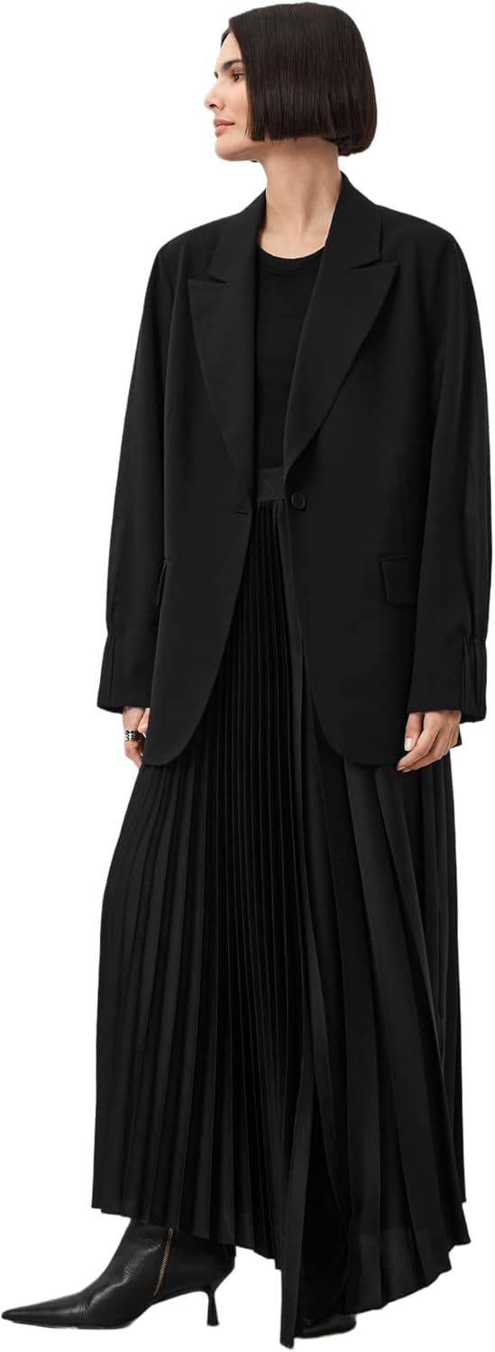 Women's Oversized Black Blazer Wide Notched Lapel Single Button Long Sleeve Tailored Formal Casual Jacket