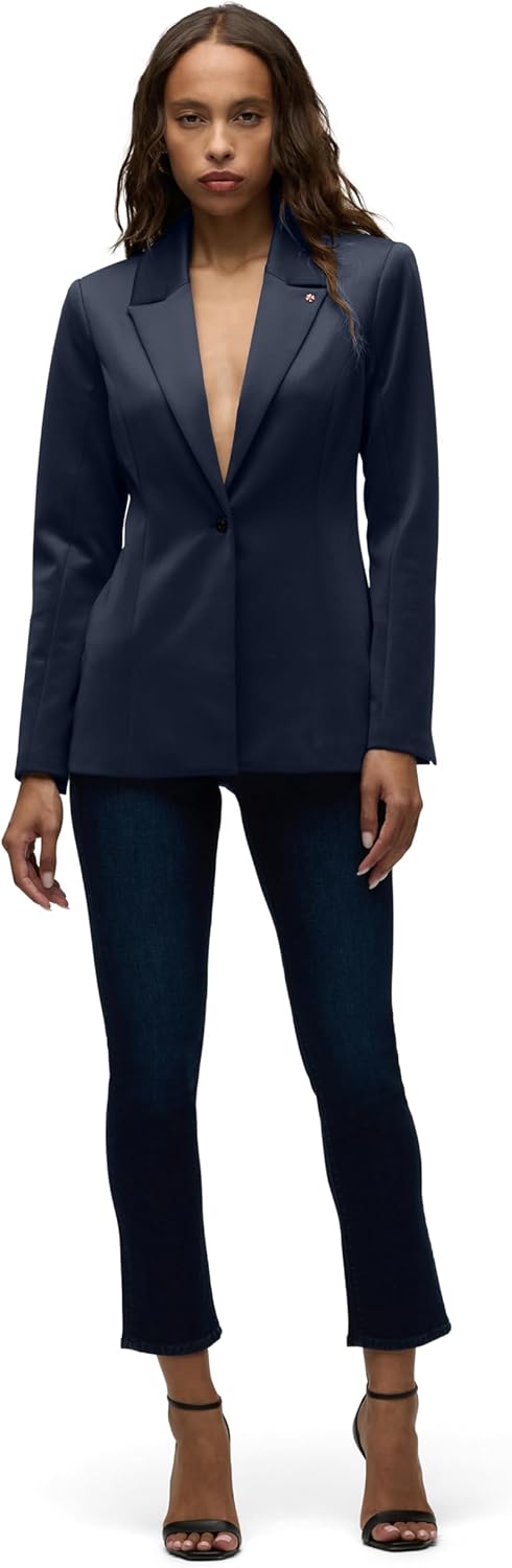 Women's Navy Peak Lapel Fitted Blazer Single Button Tailored Wool-Blend Jacket with Lapel Pin Matching Bootcut Jeans 2-Piece Set Women's Navy Peak Lapel Fitted Blazer Single Button Tailored Wool-Blend Jacket with Lapel Pin Matching Bootcut Jeans 2-Piece Set