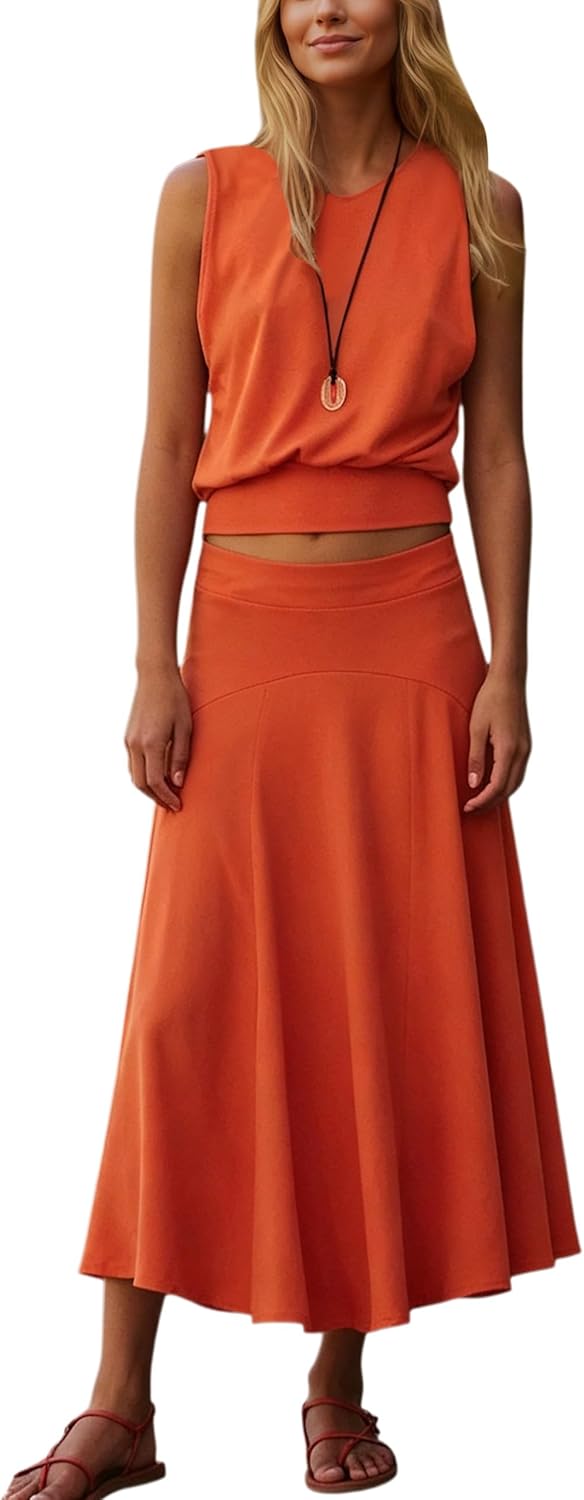 Summer Skirt Sets for Causal Matching Outfits V Neck Tank Top Elastic Low Waistband Loose A line Long Skirt