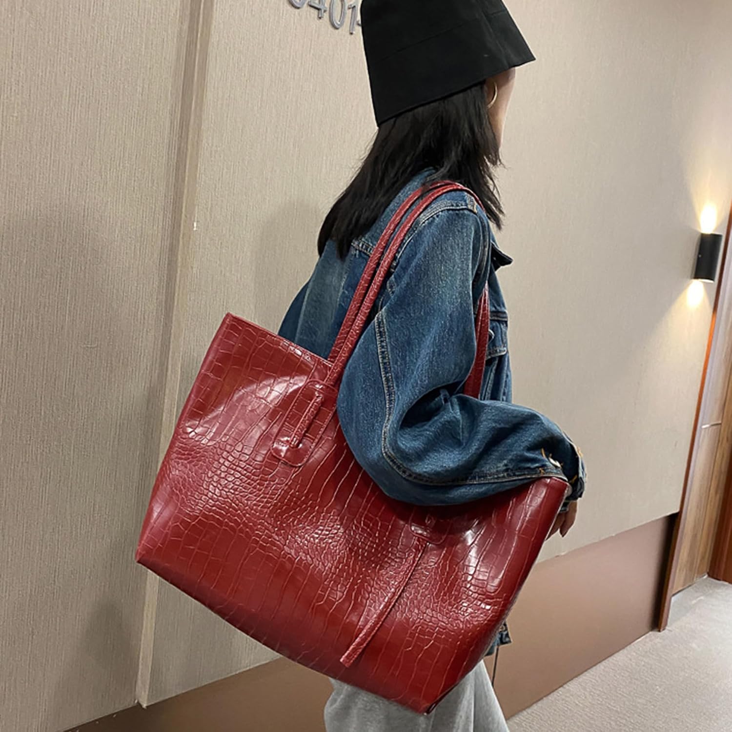 Women Large Faux Leather Tote Shoulder Bag Soft Top Handle Bag