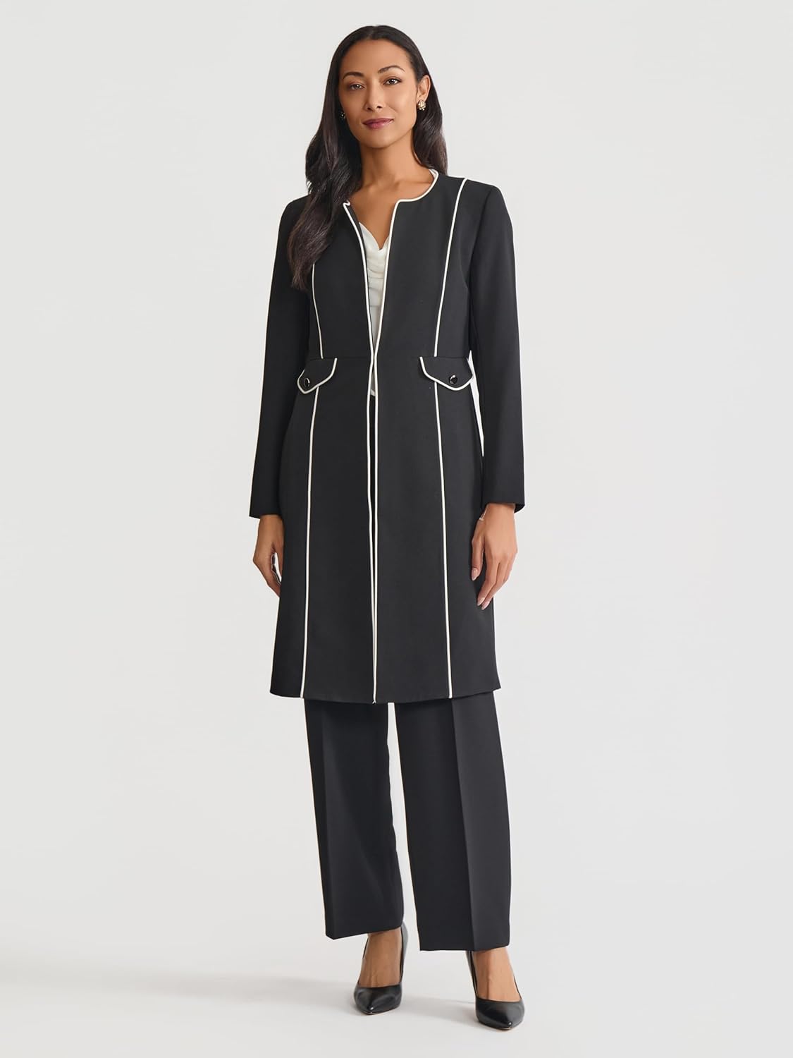 Women's 2-Piece Contrast Piping Blazer Set Banded Collar White Trim Open Front Flap Pocket Black Matching Trousers Co-Ord Women's 2-Piece Contrast Piping Blazer Set Banded Collar White Trim Open Front Flap Pocket Black Matching Trousers Co-Ord