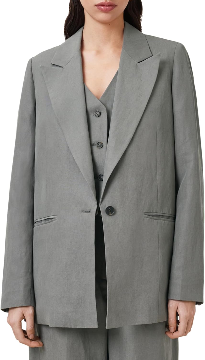Women's 3-Piece Linen Suit Set Grey Notched Lapel Blazer Vest Wide Leg Pants Relaxed Formal Co-Ord Women's 3-Piece Linen Suit Set Grey Notched Lapel Blazer Vest Wide Leg Pants Relaxed Formal Co-Ord