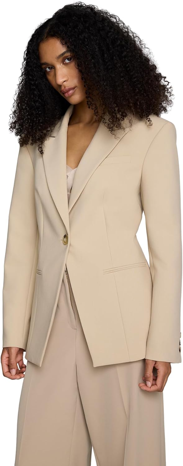 Women's Luxe Twill One Button Blazer Notch Lapel Flap Pocket Slim Fit Tailored Office Formal Jacket