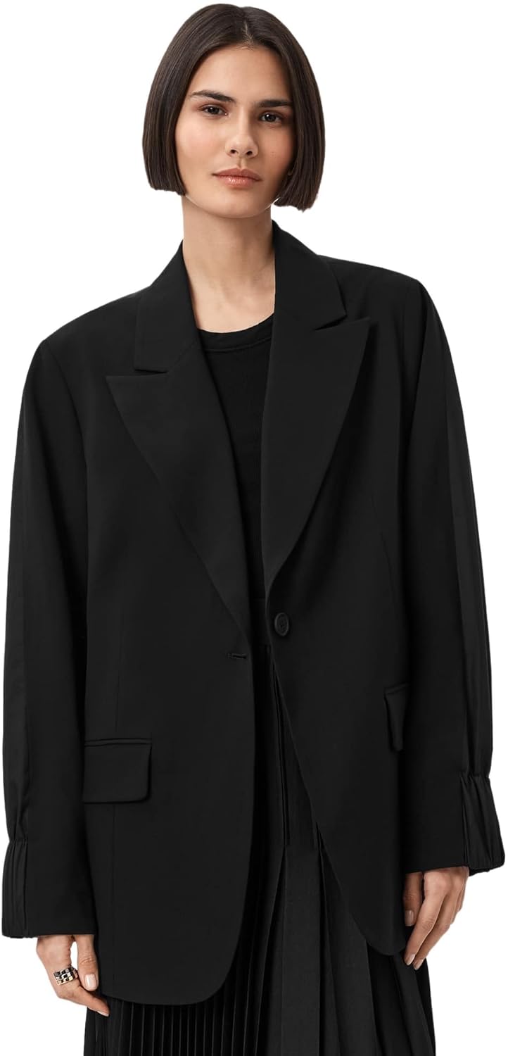 Women's Oversized Black Blazer Wide Notched Lapel Single Button Long Sleeve Tailored Formal Casual Jacket