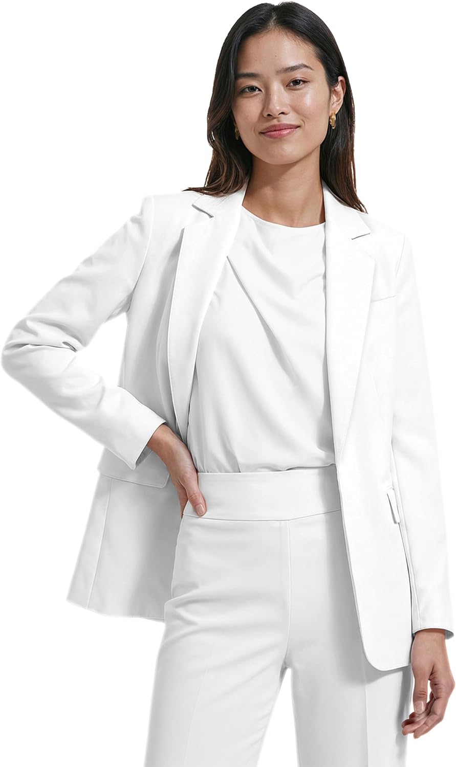 Women's Long Sleeve Stretch Open Front Blazer V-Neck Flap Pocket Slim Fit Casual Work Office Cardigan Jacket