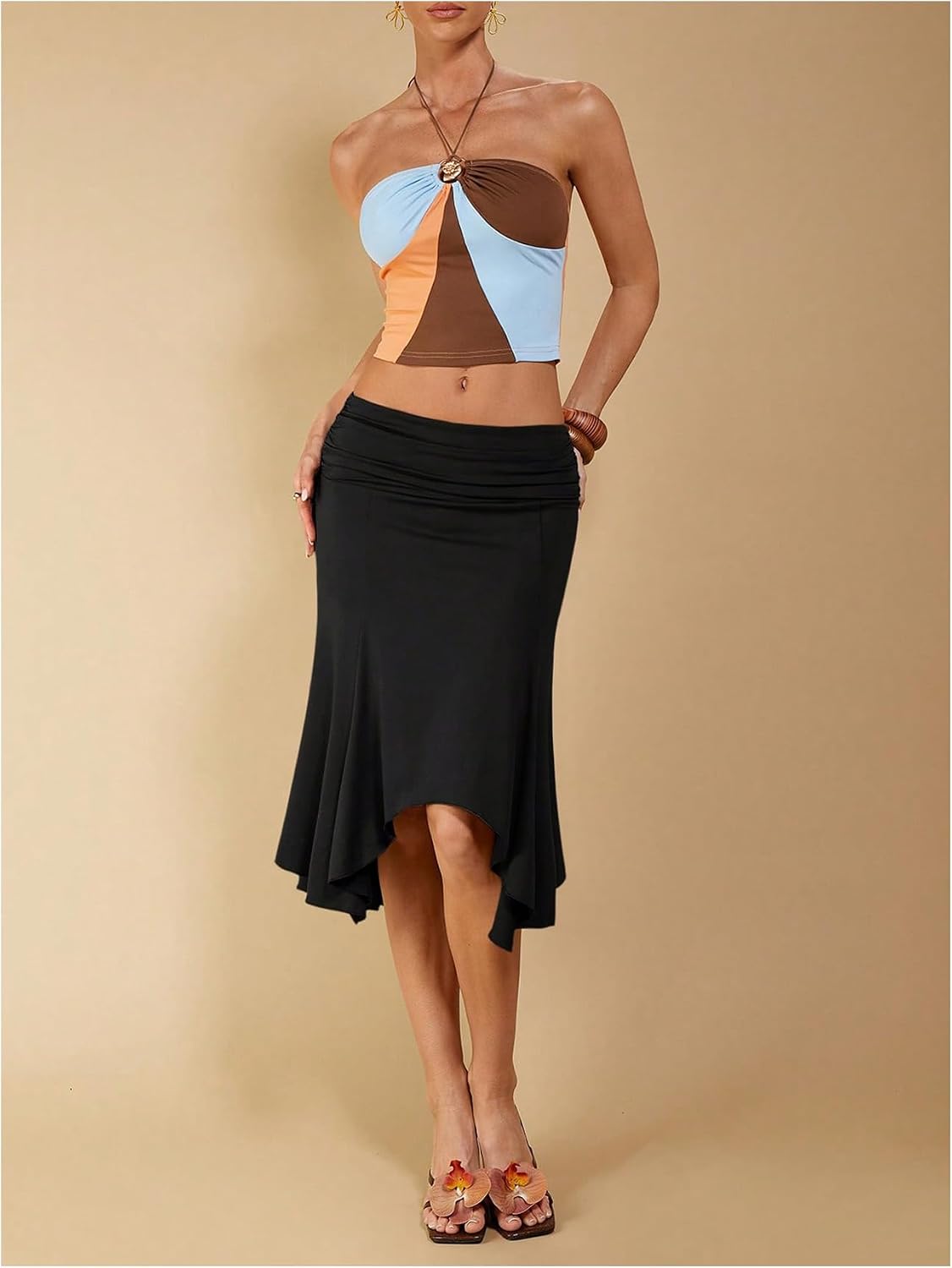 Women's Summer Midi Skirts Asymmetrical Ruffle Hem Ruched Date Night Skirts