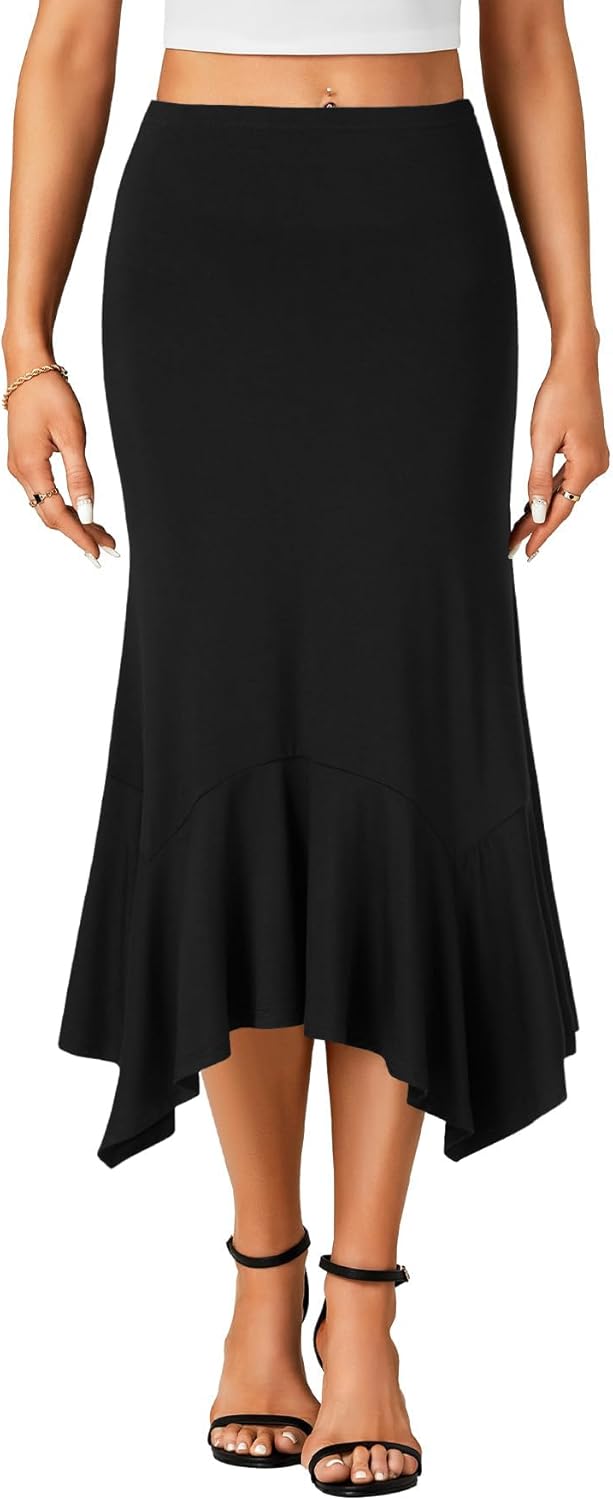 Women's High Waisted Midi Skirt Asymmetrical Handkerchief Hemline Flowy Casual Ruffle Women's High Waisted Midi Skirt Asymmetrical Handkerchief Hemline Flowy Casual Ruffle