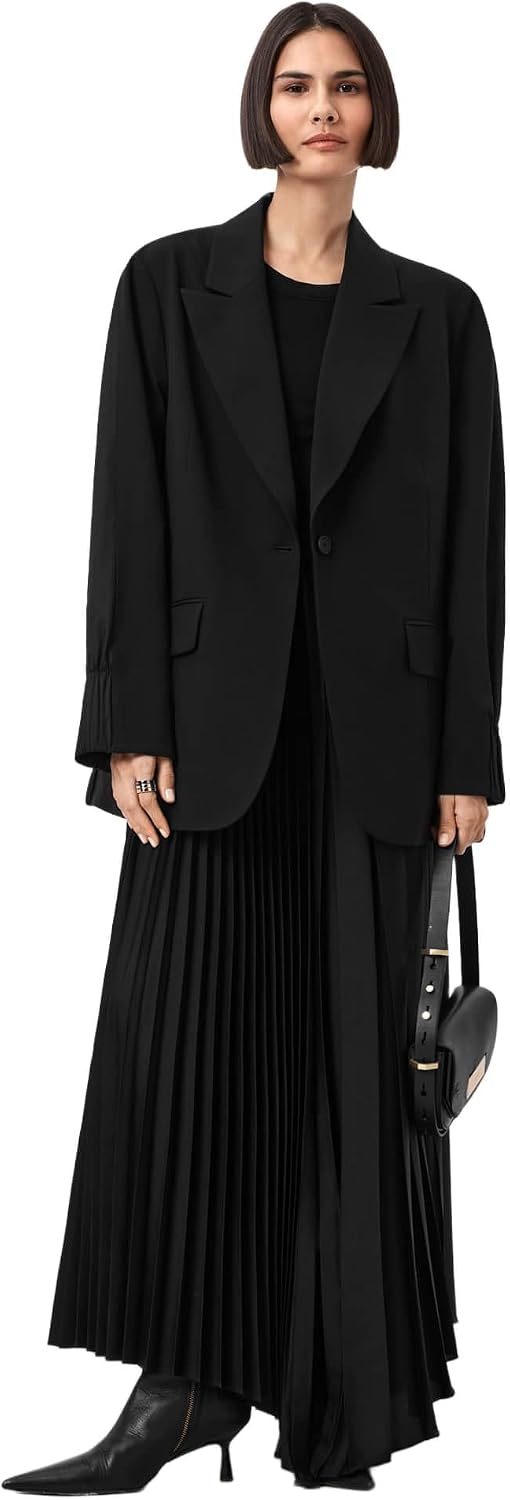 Women's Oversized Black Blazer Wide Notched Lapel Single Button Long Sleeve Tailored Formal Casual Jacket