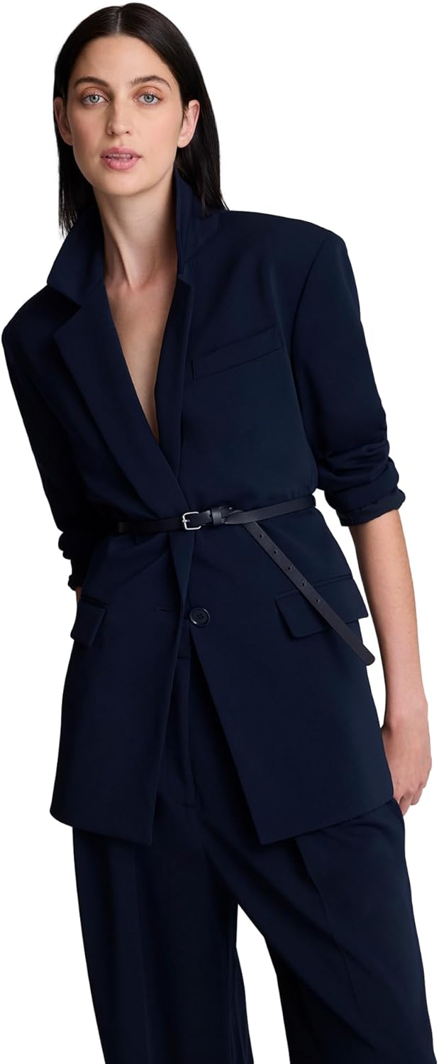 Women's 2-Piece Belted Long Blazer Set Stand Collar Deep V Open Front Waist Belt Matching Wide Leg Pants Formal Co-Ord Women's 2-Piece Belted Long Blazer Set Stand Collar Deep V Open Front Waist Belt Matching Wide Leg Pants Formal Co-Ord