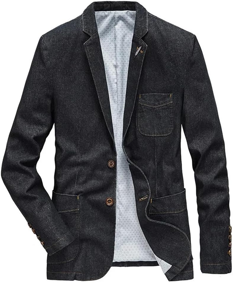 Men's Dark Wash Denim Blazer Notch Lapel 2-Button Asymmetric Patch Flap Pockets Lapel Pin Brown Horn Buttons Topstitched Long Sleeve Casual Office Jacket