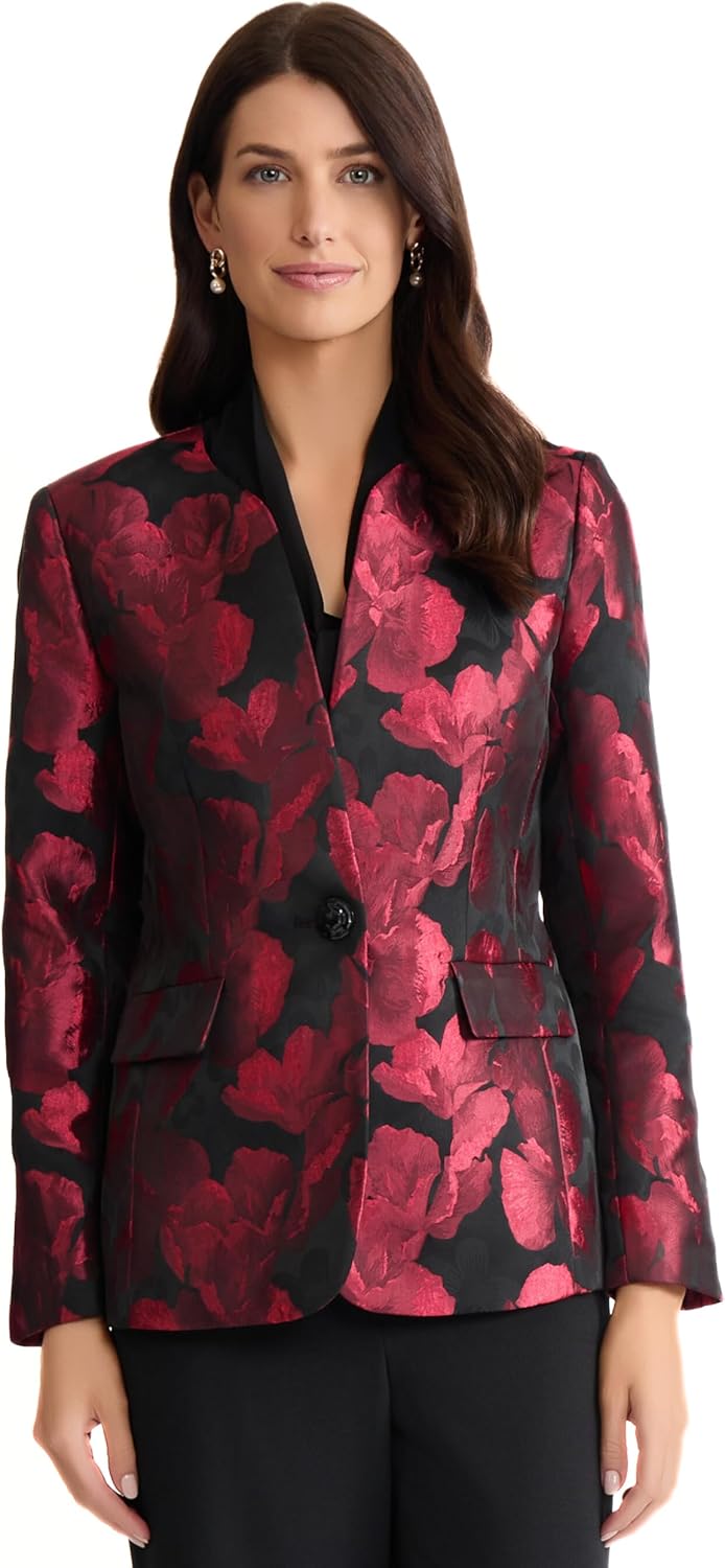 Women's Collarless Jacquard One Button Blazer Crewneck Single Button Welt Pockets Slim Fit Textured Office Jacket