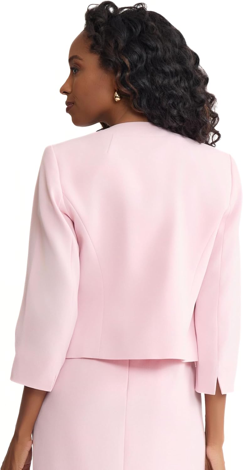 Women's 2-Piece Crystal Embellished Collarless Blazer Set Pink Rhinestone Trim Open-Front Jacket Matching Mini Dress Co-Ord